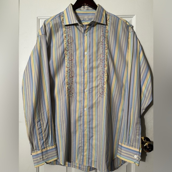 BUGATCHI UOMO XL Pastel Stripe Decorative Vertical Embroidery Spread Collar NICE - Picture 1 of 15